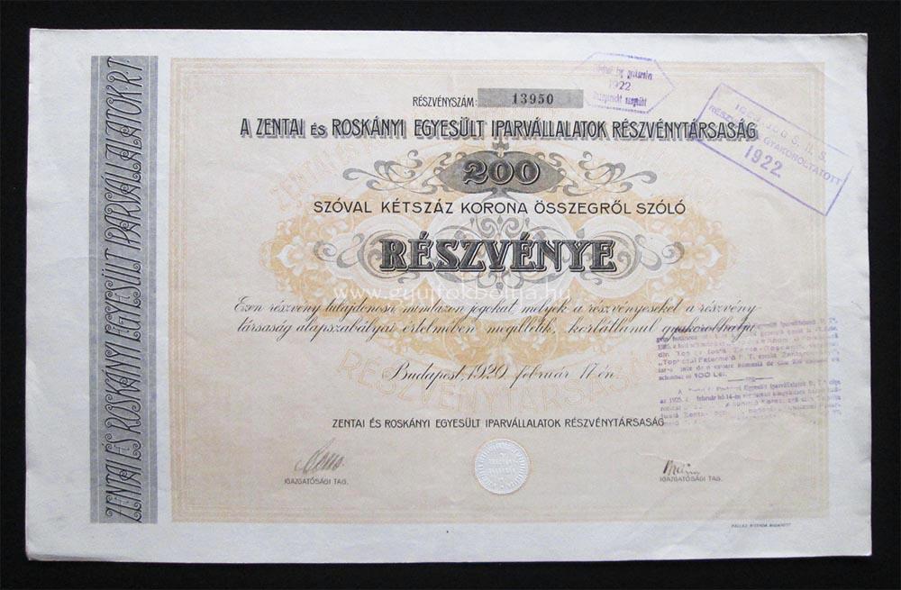 Zentai és Roskányi Iparvállalatok 200 korona 1920 (SRB-ROU)